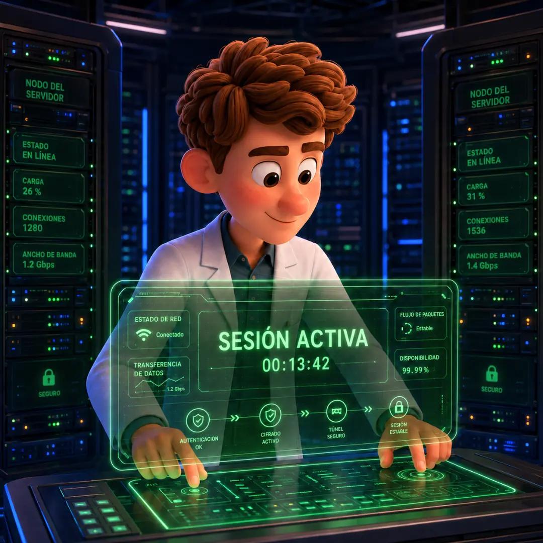 El personaje operando un panel de control que mantiene una sesión activa, representando la Capa de Sesión
