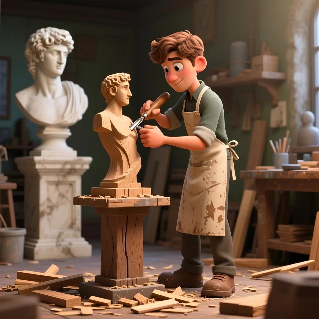 Ilustración de un escultor trabajando en una detallada estatua de madera, simbolizando el proceso de cuantización