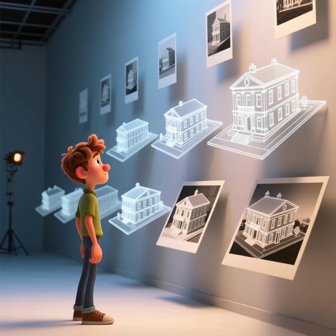 Un personaje masculino joven, está de pie frente a una pared donde flotan en el aire varias versiones de un mismo plano arquitectónico