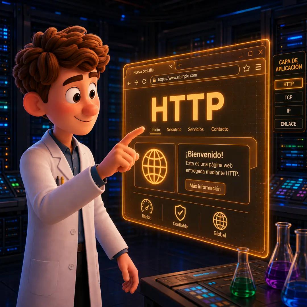 El personaje interactuando con una pantalla que muestra el protocolo HTTP, representando la Capa de Aplicación