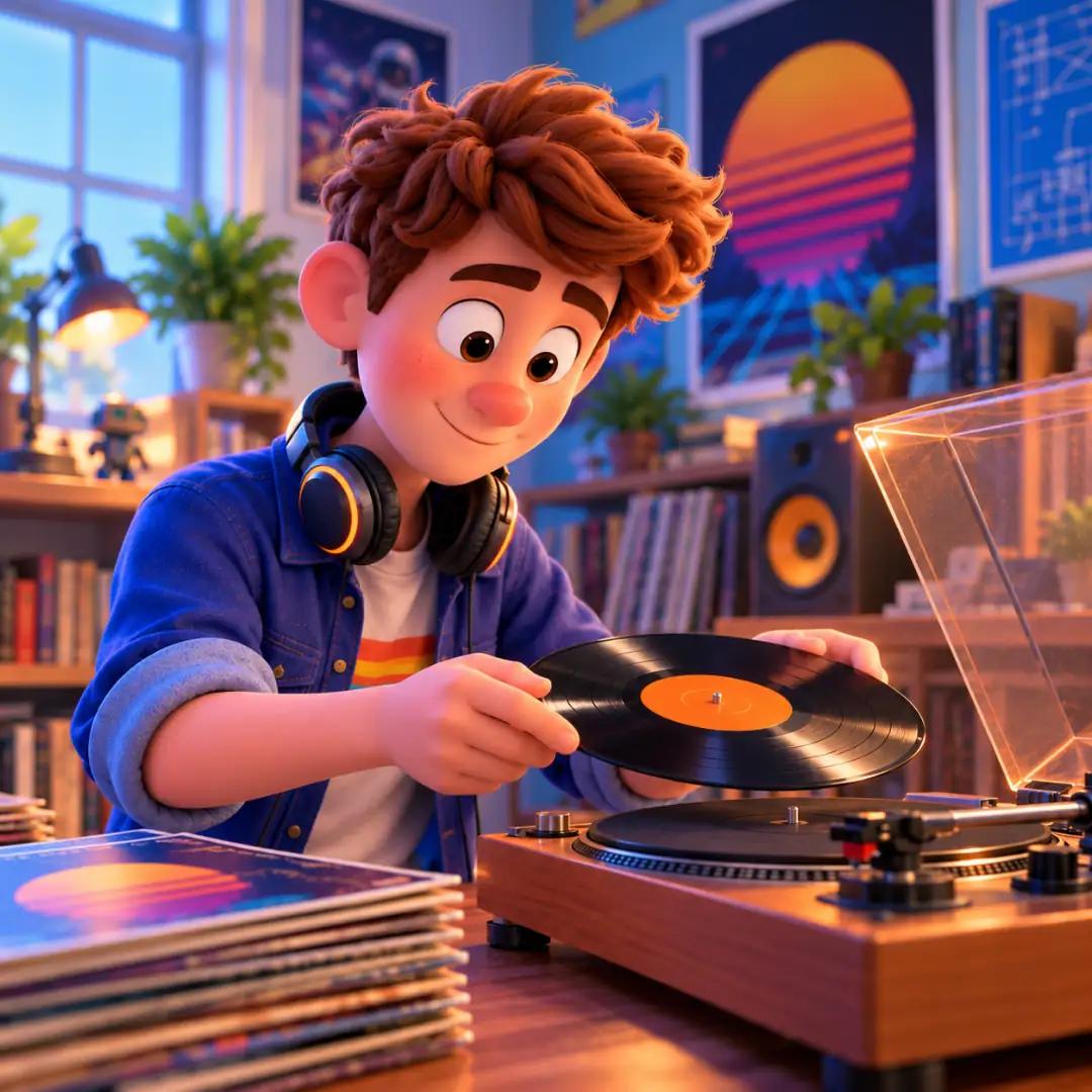 Personaje colocando un disco de vinilo en un tocadiscos iluminado, preparando la transmisión de audio