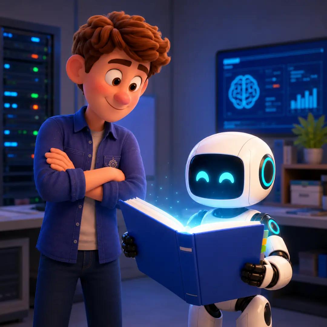 El robot leyendo la información brillante de la carpeta mientras el personaje observa satisfecho, simbolizando a la IA comprendiendo los datos de una web