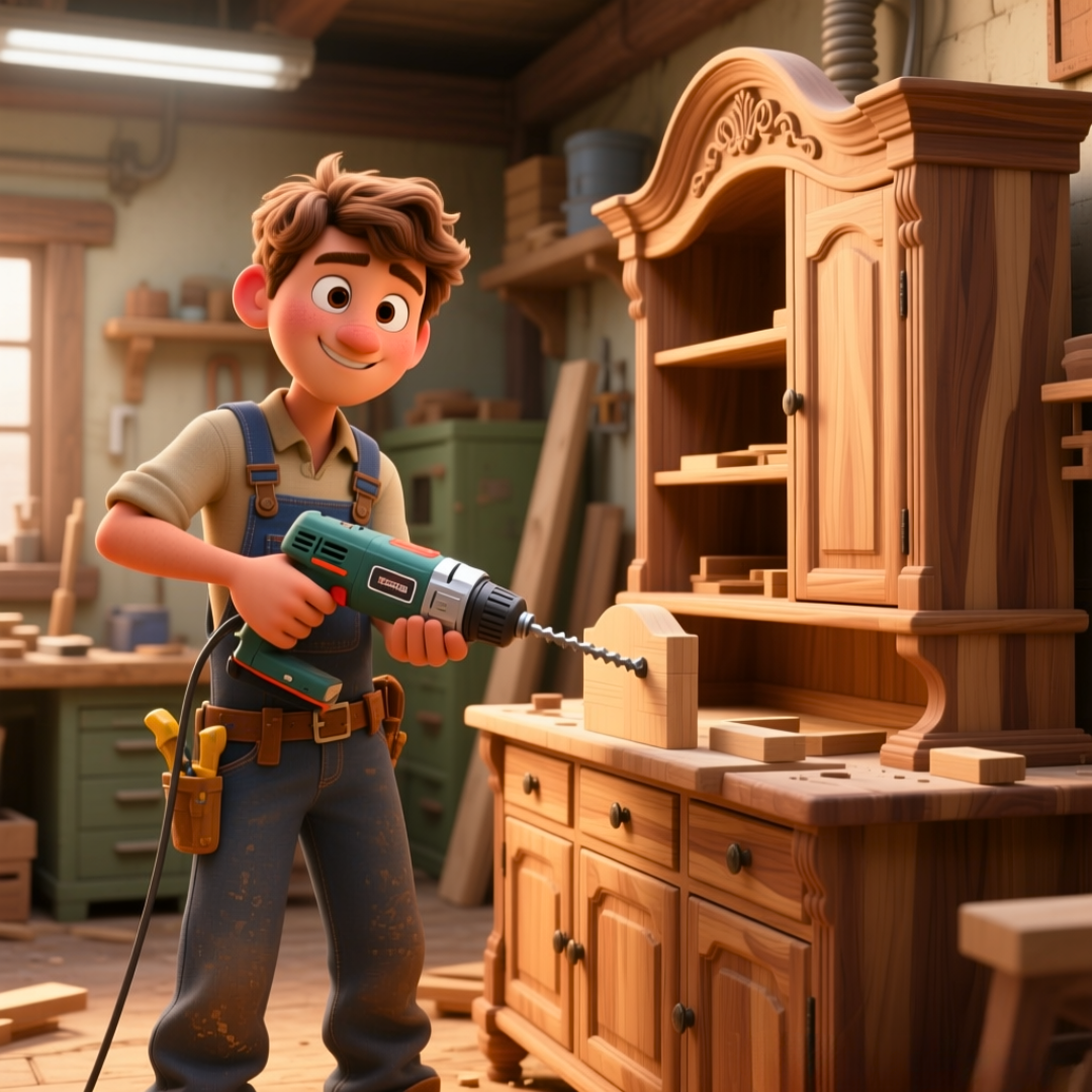 Personaje de un carpintero terminando con orgullo un mueble de alta calidad con herramientas profesionales.