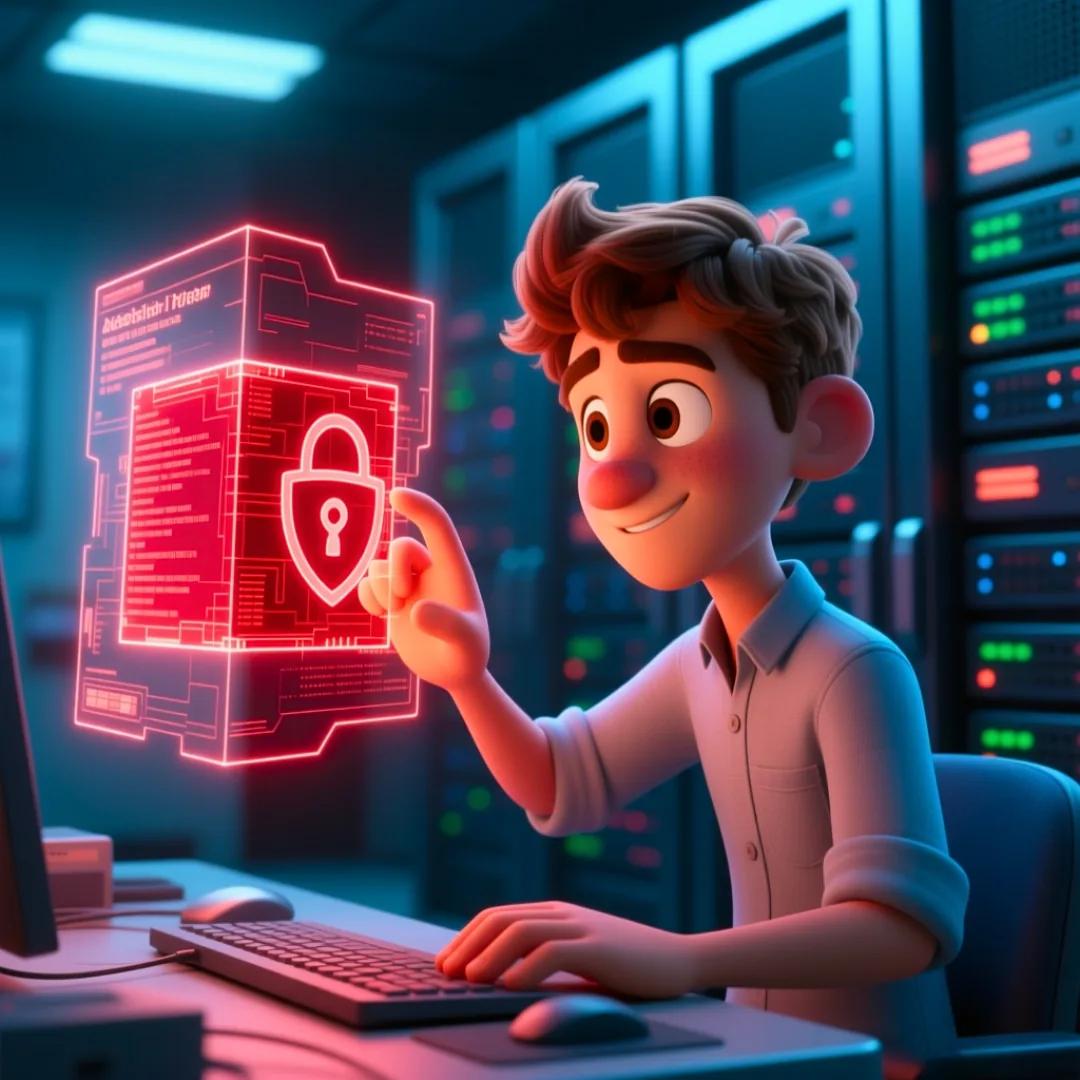 El personaje aislando una amenaza digital en la interfaz de control del servidor