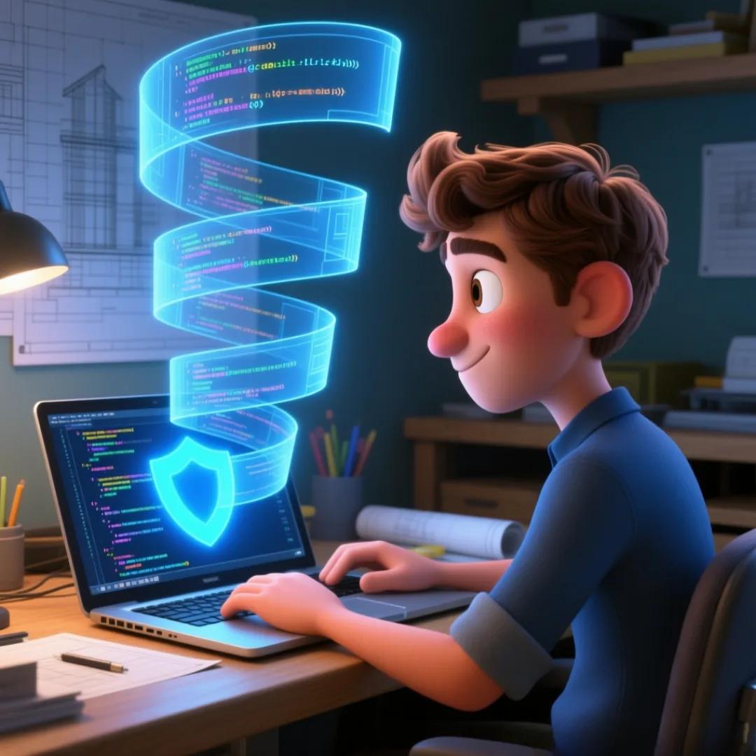 Imagen de un personaje navegando seguro en su laptop