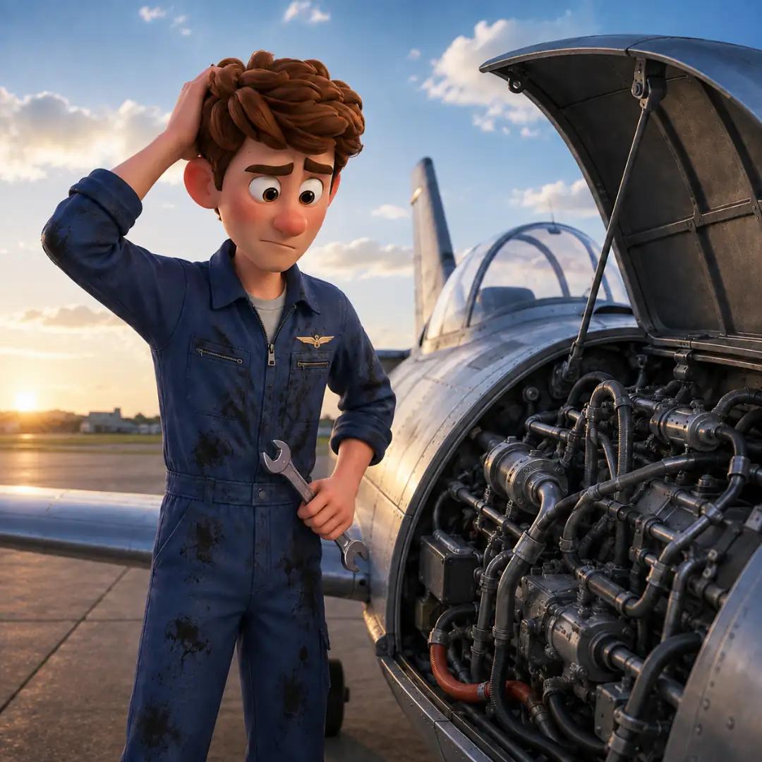 El personaje frustrado frente a un motor de avión absurdamente complejo y lleno de cables enredados, simbolizando el código difícil de mantener