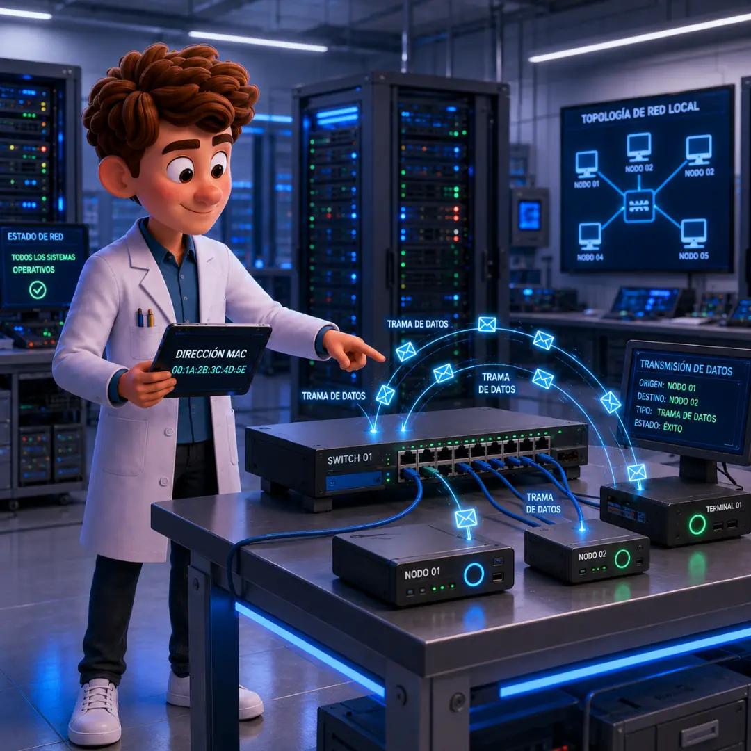 El personaje inspeccionando un switch de red y direcciones MAC, representando la Capa de Enlace de Datos
