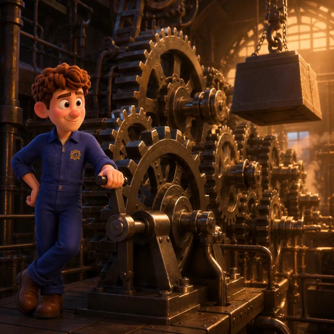 El personaje operando la maquinaria gigante de forma relajada y sin esfuerzo, simbolizando un código escalable y bien optimizado que maneja grandes volúmenes de datos fácilmente