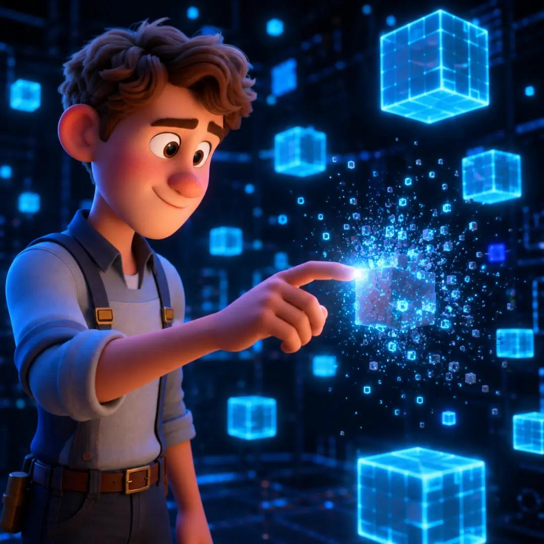 El personaje tocando un bloque de datos inactivo que se disuelve en partículas de luz