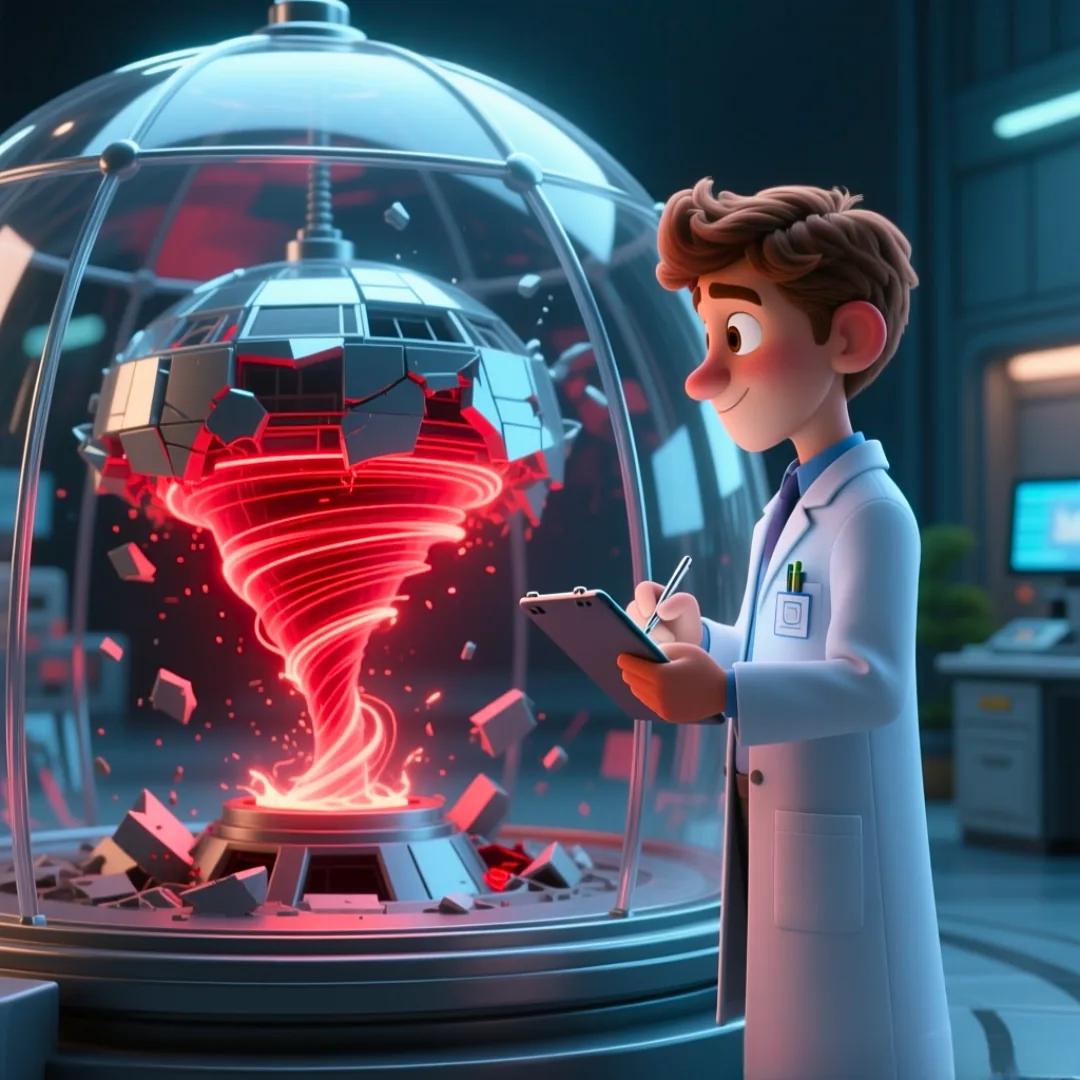 Personaje observando de forma segura cómo un error de software queda contenido dentro de un domo protector