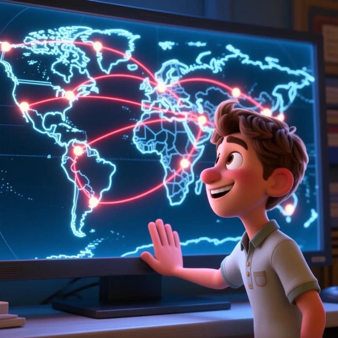 Imagen de un personaje viendo una red mundial de conexiones