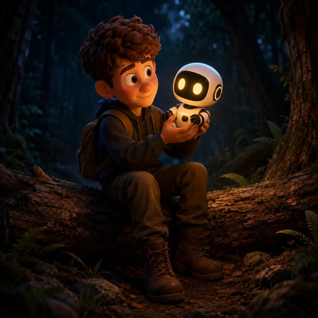 El personaje sentado en un tronco en el bosque interactuando con su pequeño robot, simbolizando el funcionamiento offline y la privacidad de Edge AI