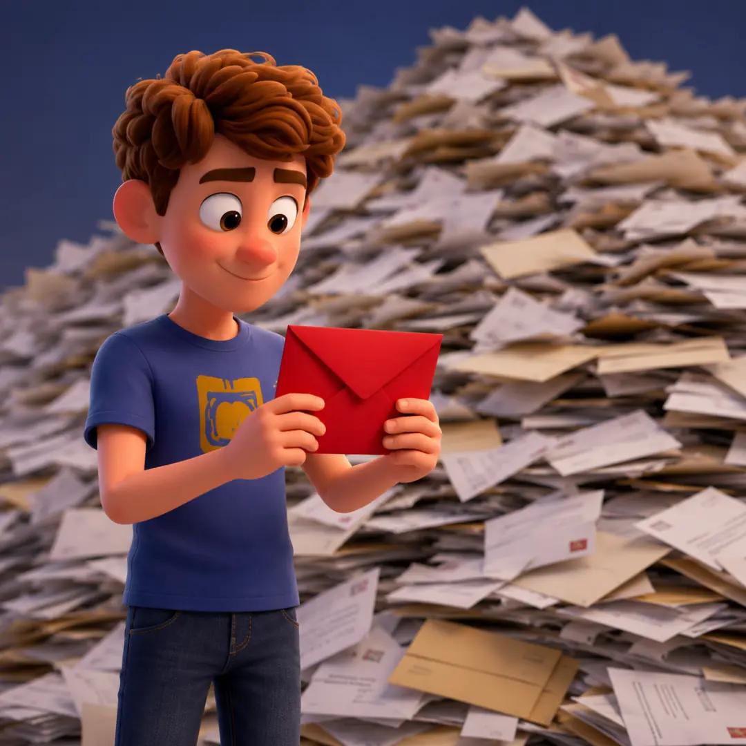 El personaje sosteniendo con satisfacción el sobre rojo exacto que necesitaba, ignorando la montaña de datos innecesarios en el fondo, simbolizando la eficiencia en el consumo de APIs