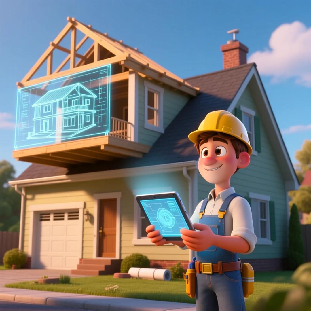 Personaje de un arquitecto diseñando con confianza una ampliación sobre una casa