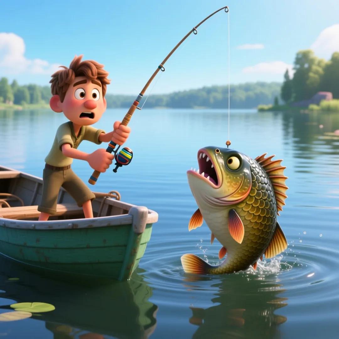 Ilustración de un personaje pescando un pez malicioso