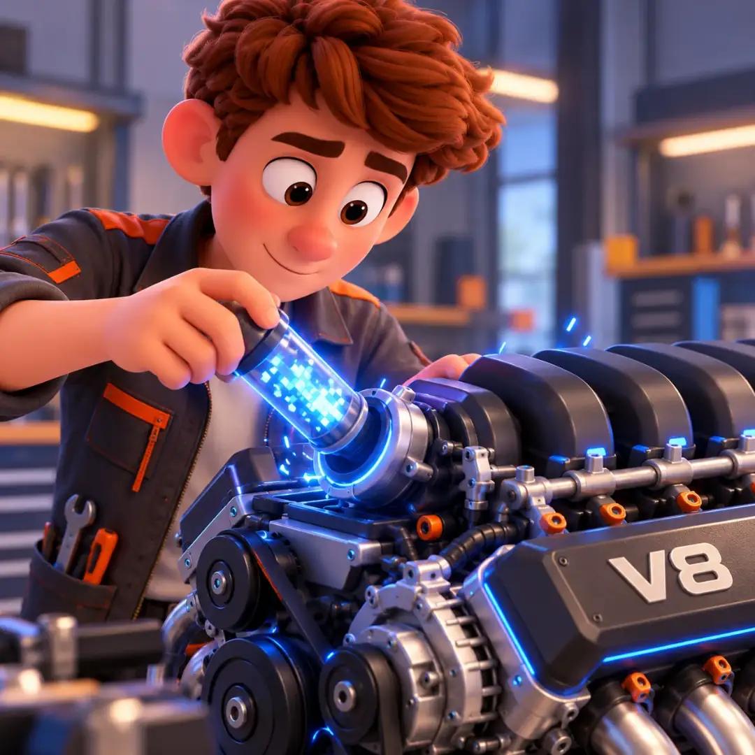 Personaje inyectando un cilindro de energía en un motor V8 digital que ya está en marcha