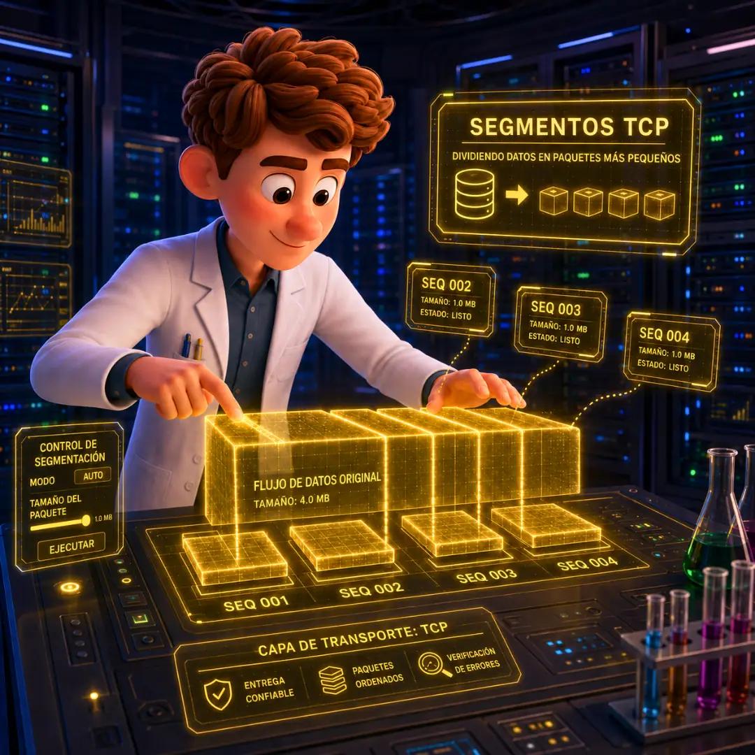 El personaje dividiendo bloques de datos en segmentos TCP, representando la Capa de Transporte