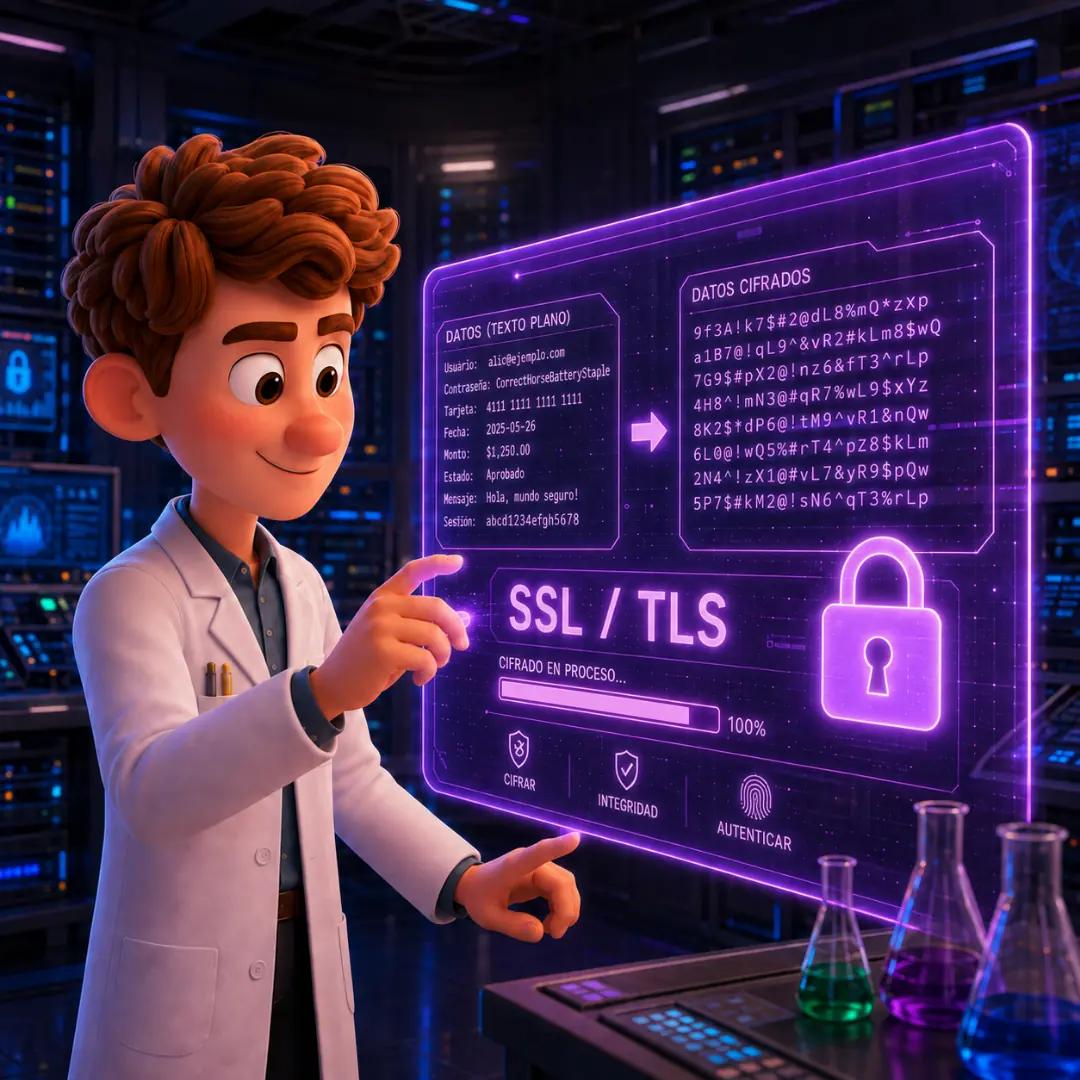 El personaje frente a una consola encriptando datos con SSL-TLS, representando la Capa de Presentación