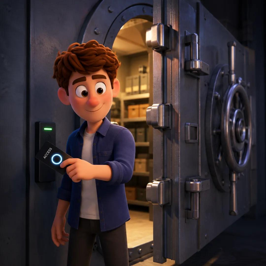 El personaje abriendo la puerta de una bóveda segura utilizando únicamente una tarjeta de acceso elegante, simbolizando el inicio de sesión seguro y sin fricción