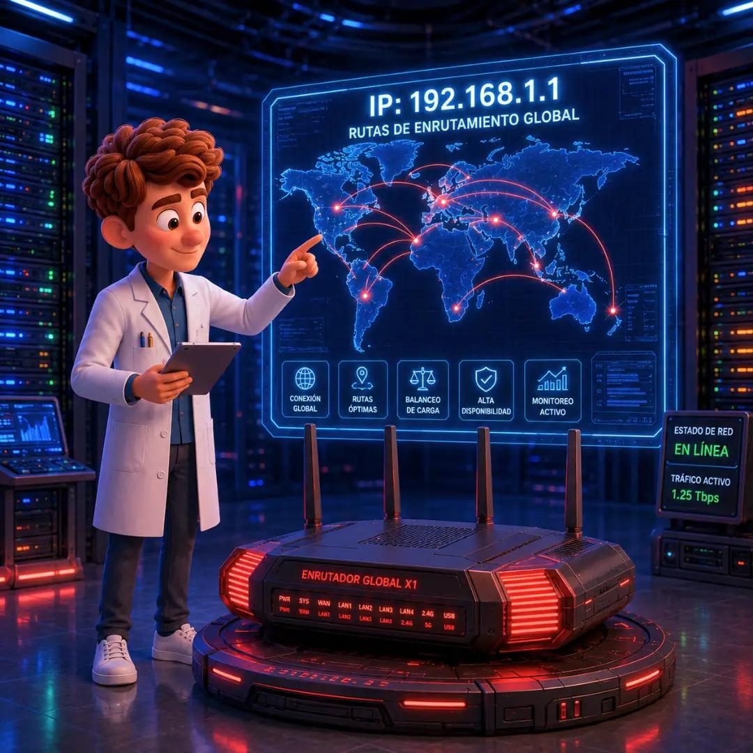 El personaje junto a un router analizando rutas globales y direcciones IP, representando la Capa de Red