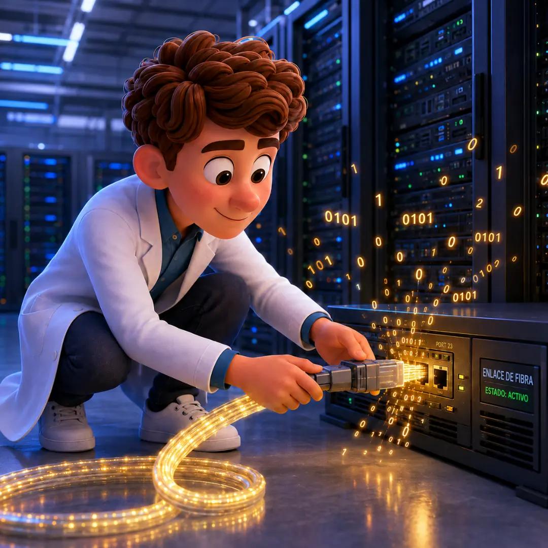 El personaje conectando un cable de fibra óptica que transmite bits de luz, representando la Capa Física
