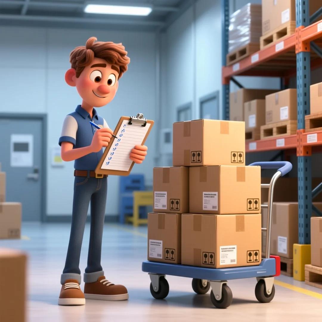 El personaje revisando una lista de inventario junto a cajas organizadas