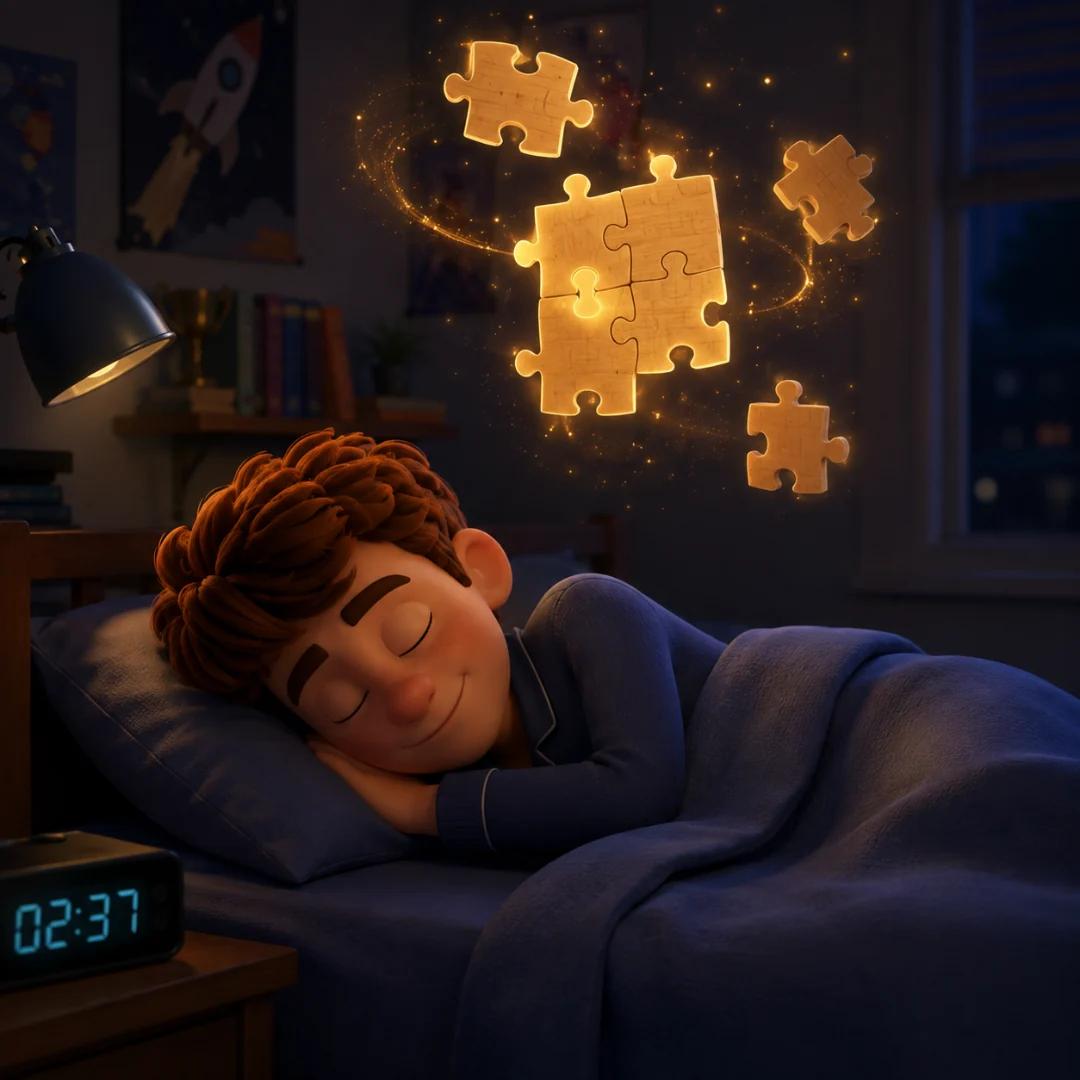 El personaje durmiendo mientras las piezas de un rompecabezas se arman solas en el aire, representando al cerebro resolviendo problemas durante el sueño