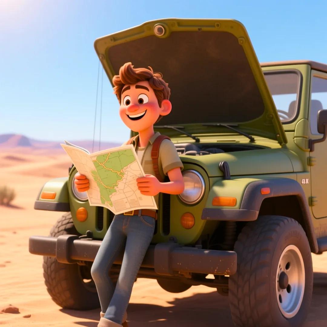 El personaje detenido tranquilamente en el desierto leyendo el mapa, simbolizando la pausa que genera el debounce