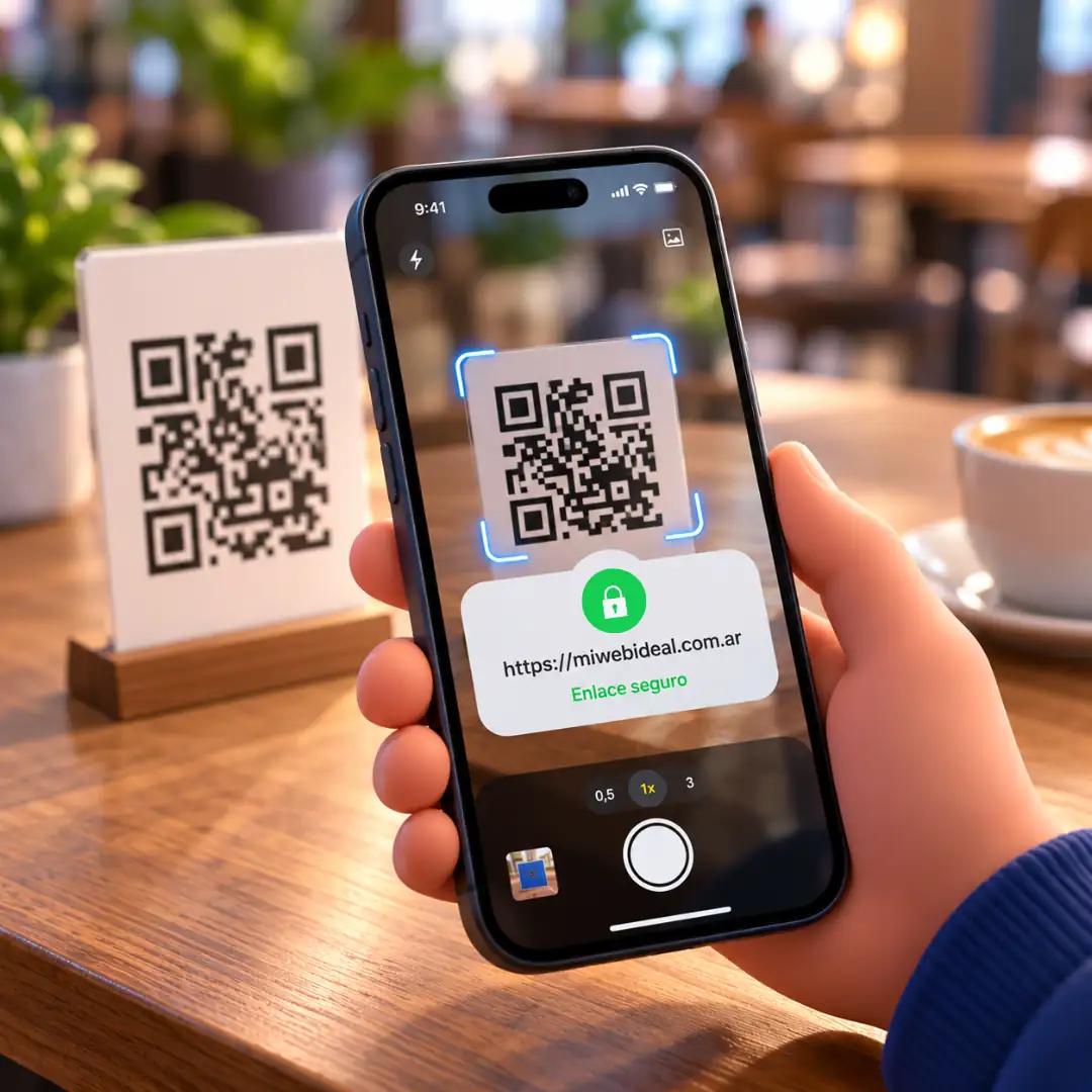 Primer plano de un celular escaneando un QR, mostrando en la pantalla un candado verde y una URL segura antes de abrir el navegador