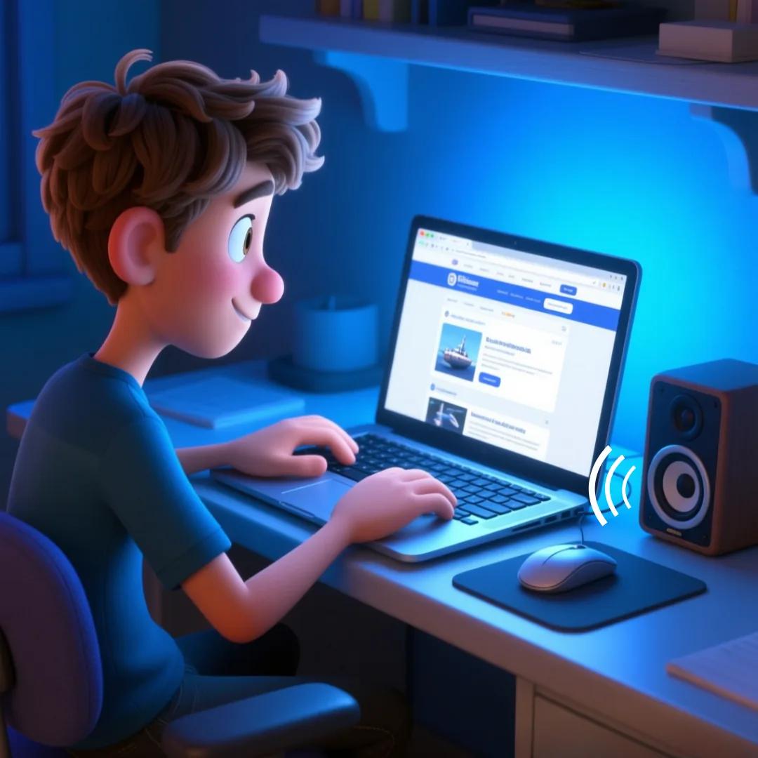 Imagen de un personaje con su laptop y el parlante narra la web