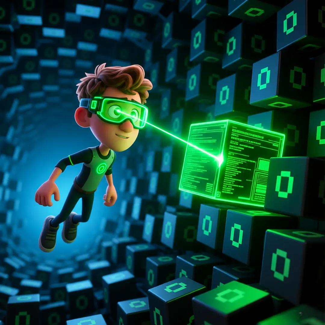 El personaje usando su visor cyborg para iluminar en verde un bloque de datos específico entre miles de bloques oscuros