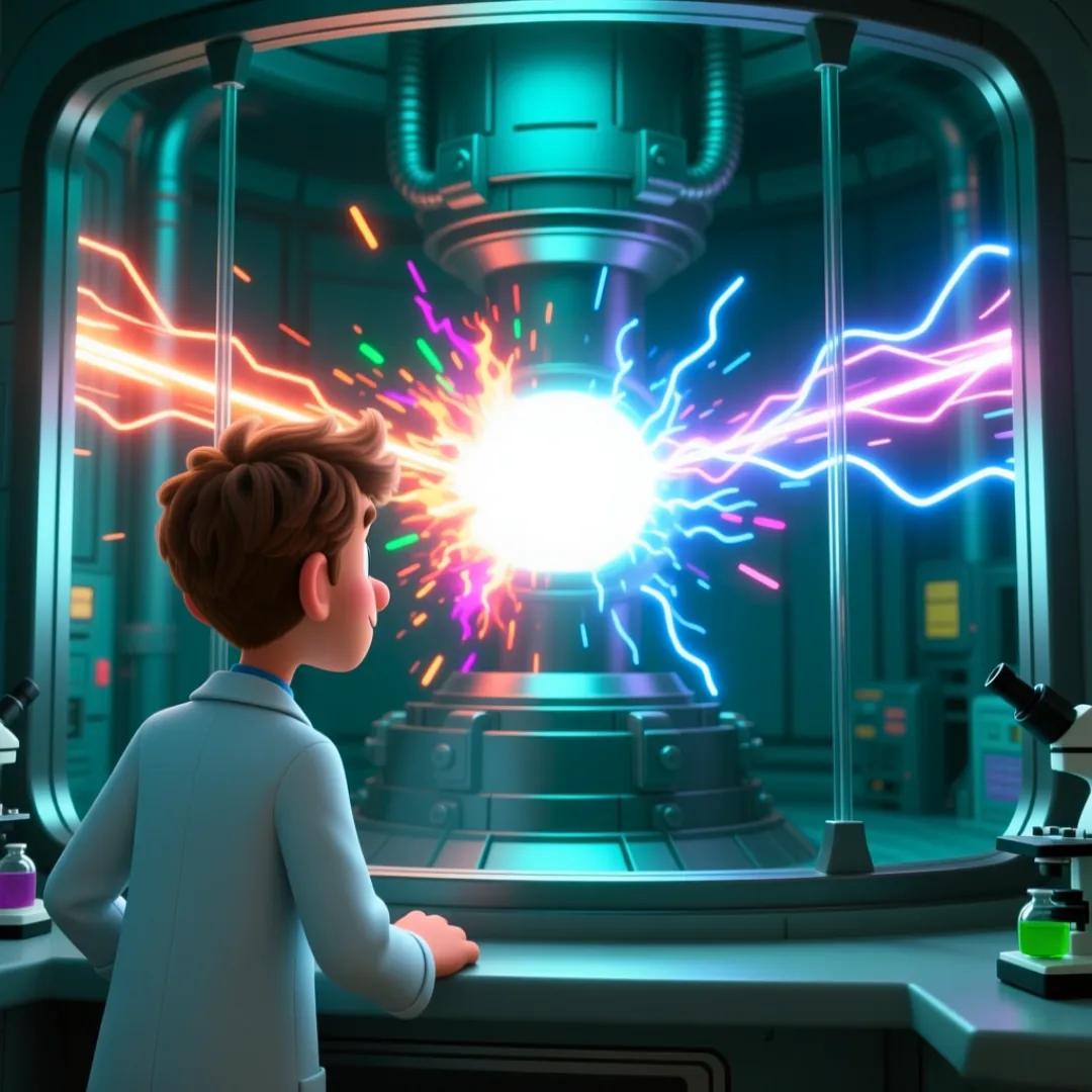 Científico observando cómo dos rayos de energía chocan y se fusionan, simbolizando una colisión de hash