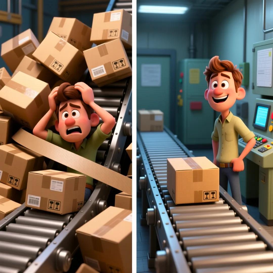 Comparación entre un proceso desordenado con cajas duplicadas y uno ordenado