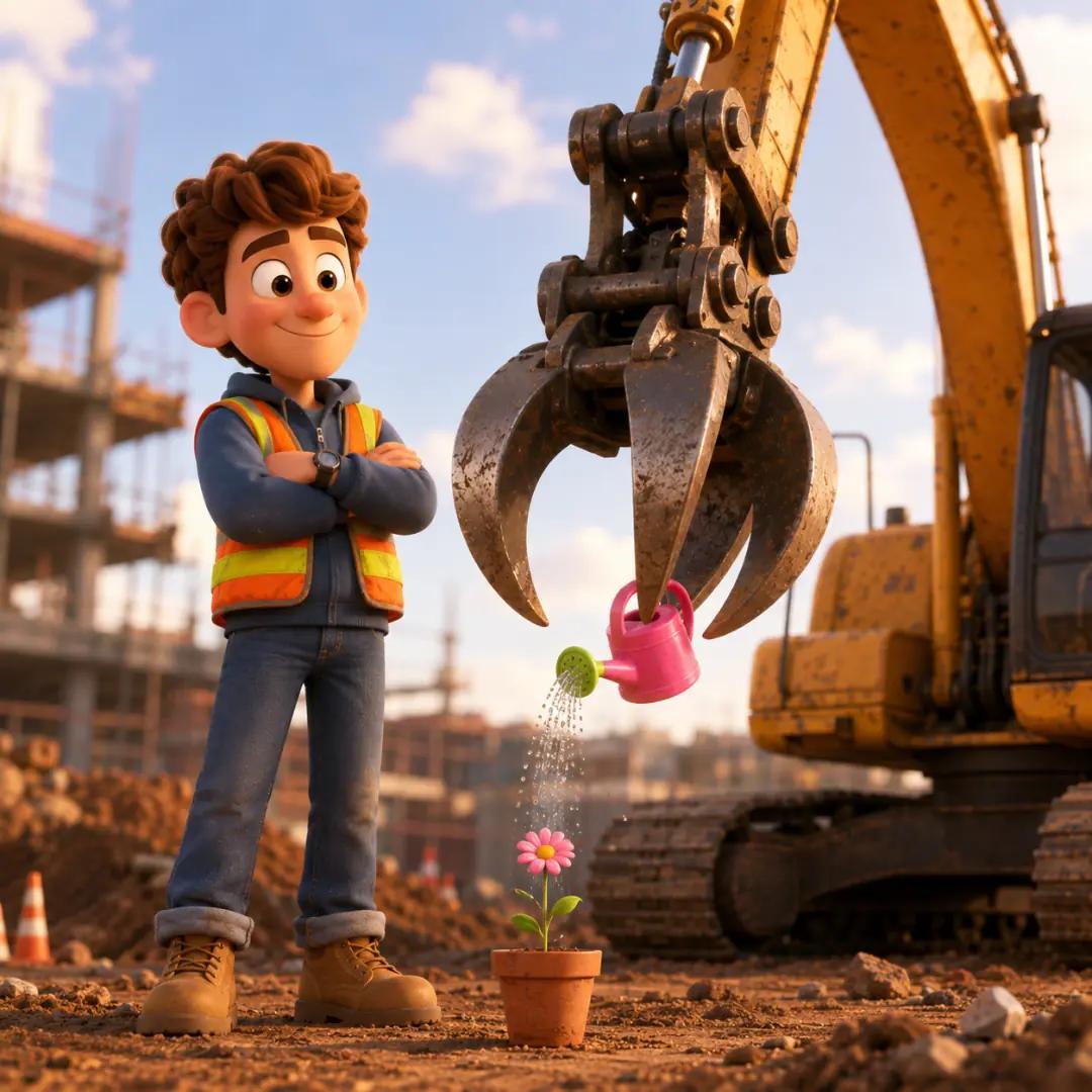 El personaje orgulloso junto a una excavadora gigante que sostiene una minúscula regadera rosa, simbolizando el exceso de ingeniería para problemas simples