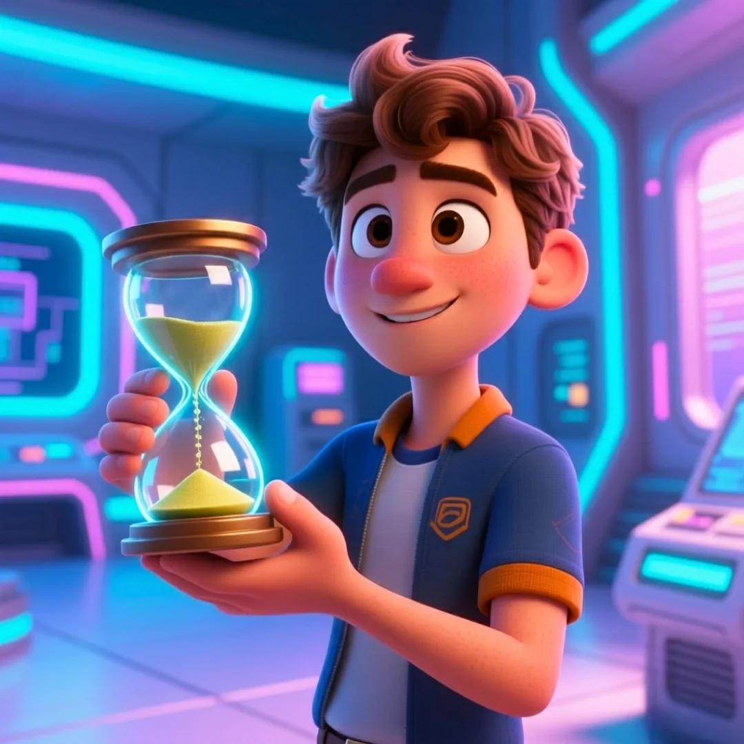 El personaje sosteniendo un reloj de arena digital brillante en un entorno tecnológico