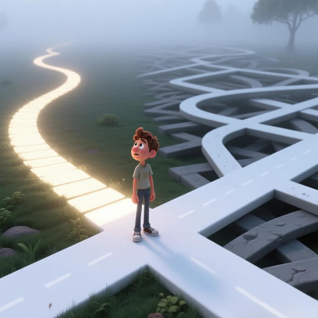 Imagen de un personaje masculino pensando en que camino tomar