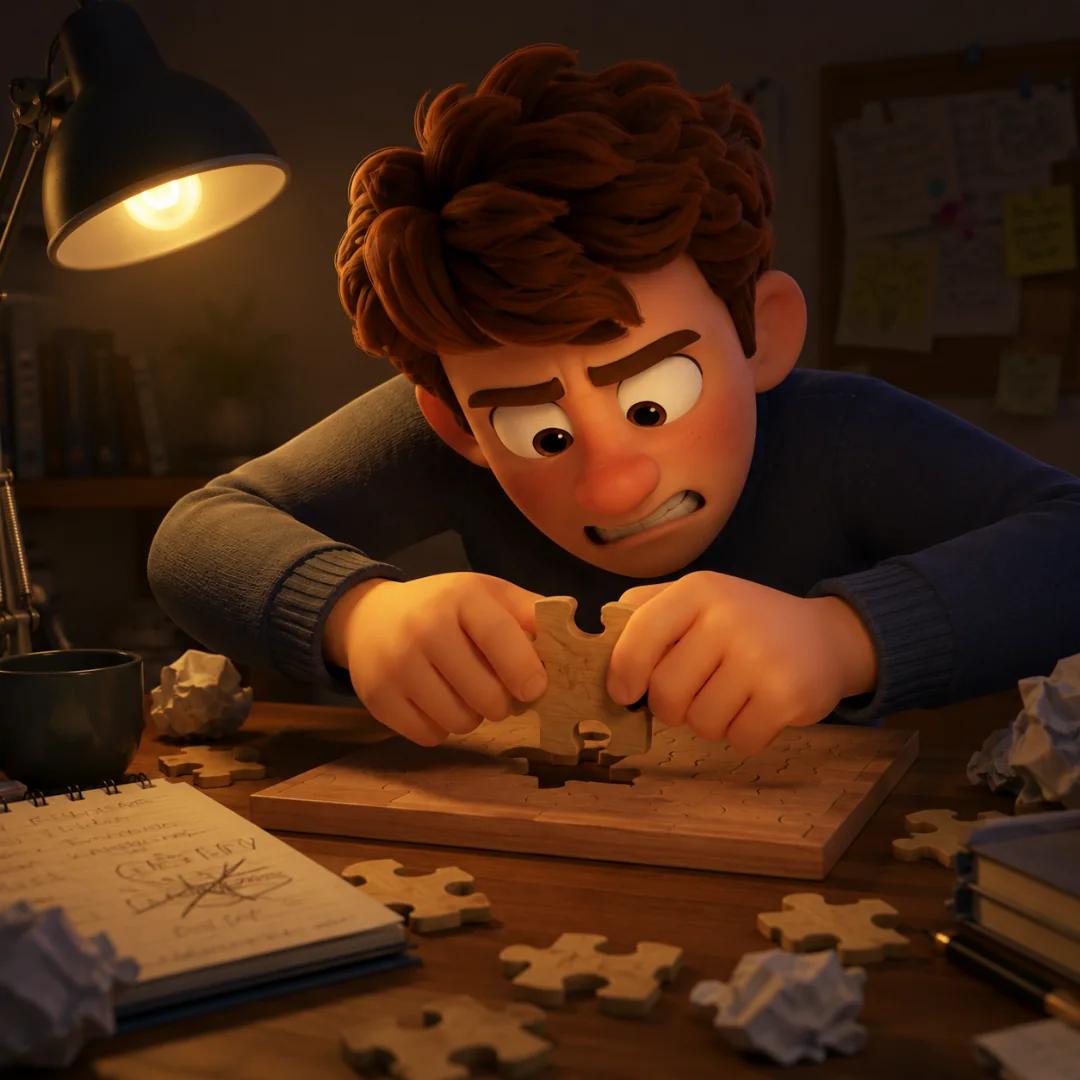 El personaje frustrado intentando forzar una pieza de rompecabezas en un escritorio, simbolizando el bloqueo mental del modo enfocado