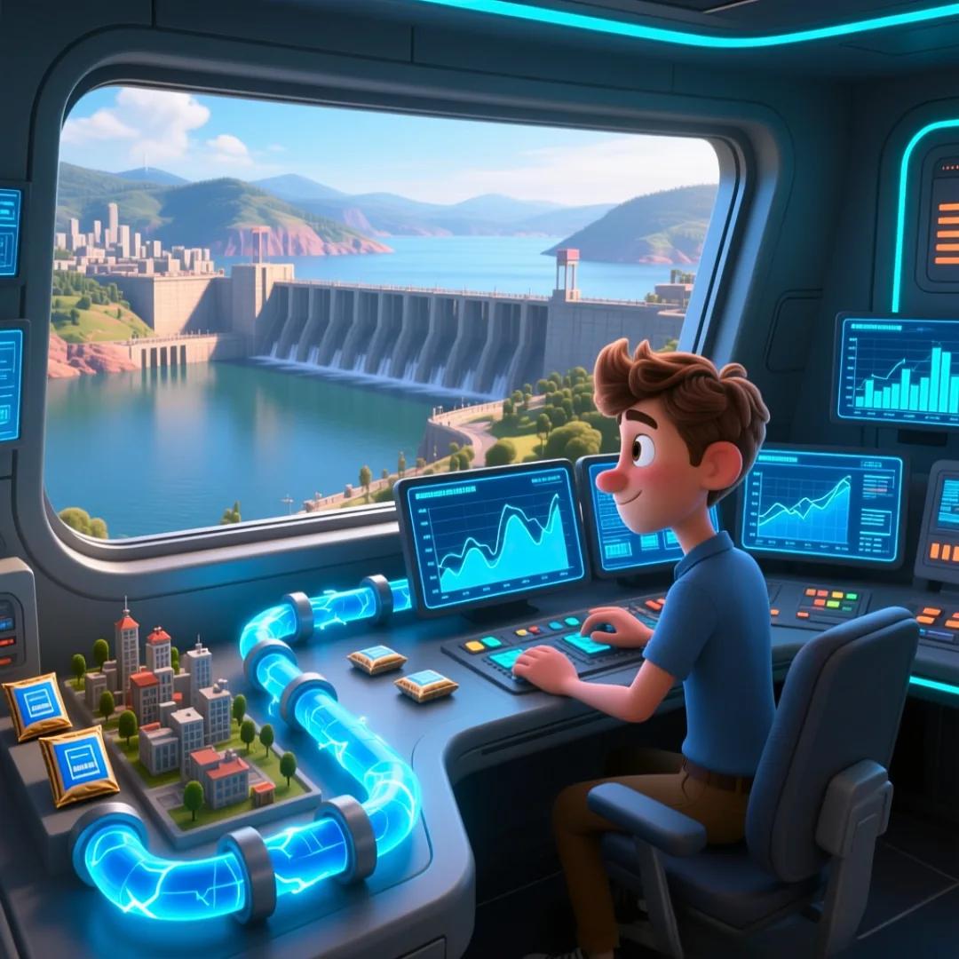 Personaje en una sala de control gestionando el flujo de datos hacia una ciudad, simbolizando la paginación.