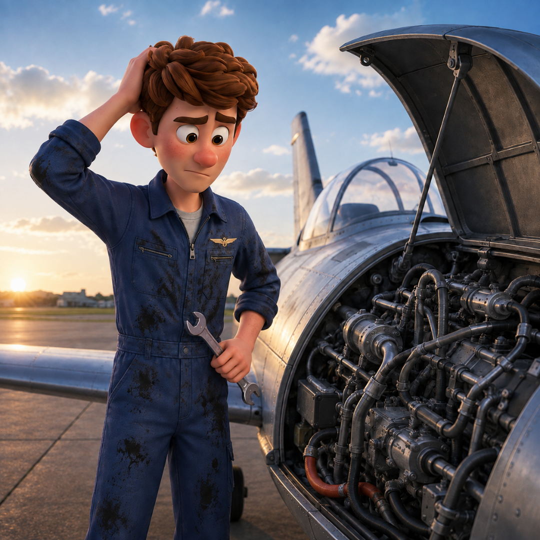 El personaje frustrado frente a un motor de avión absurdamente complejo y lleno de cables enredados, simbolizando el código difícil de mantener