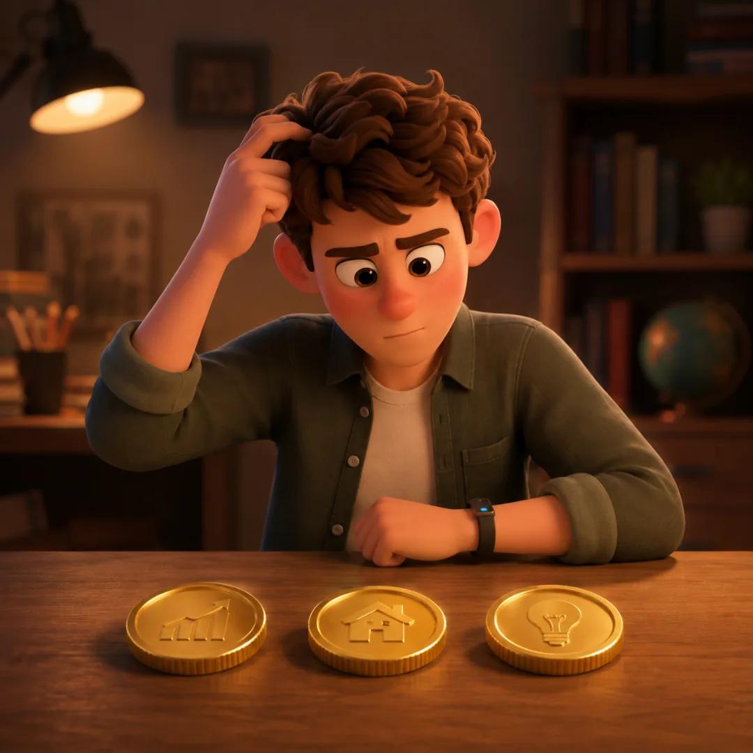 El personaje evaluando tres monedas brillantes sobre una mesa, simbolizando el presupuesto limitado para adoptar nuevas tecnologías