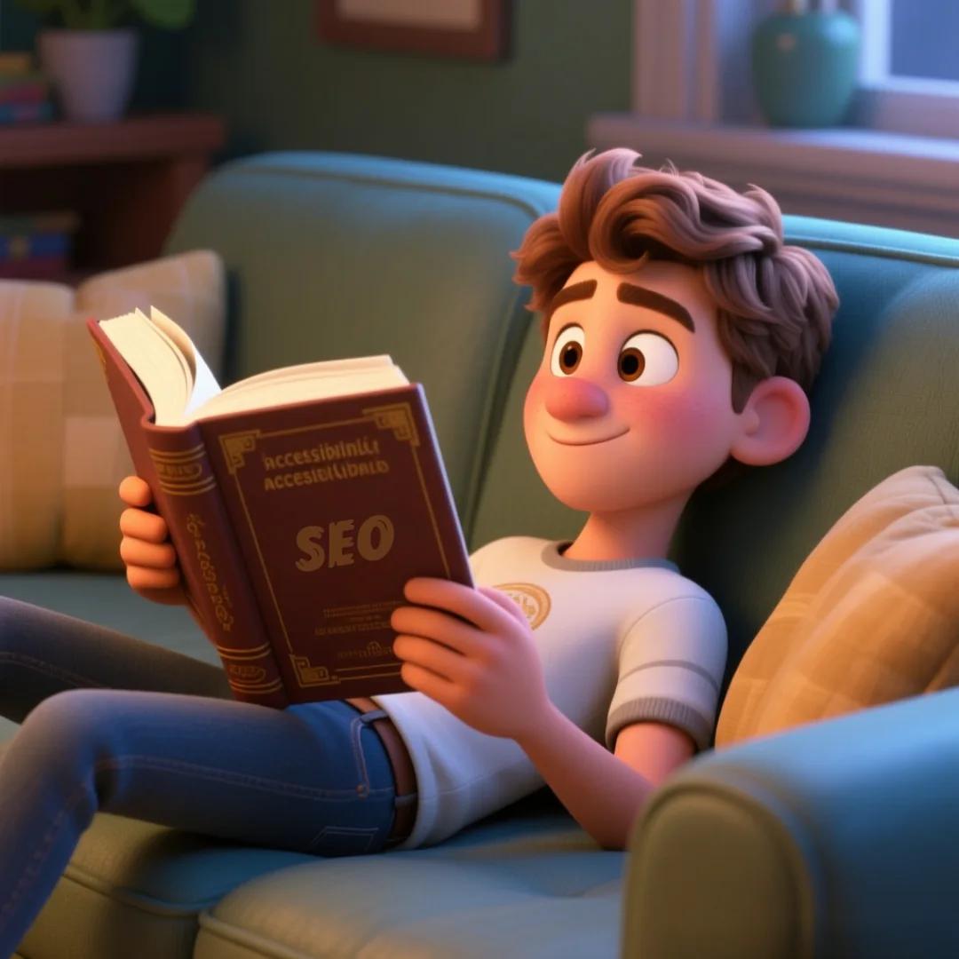 Imagen de un personaje leyendo un libro que dice: SEO