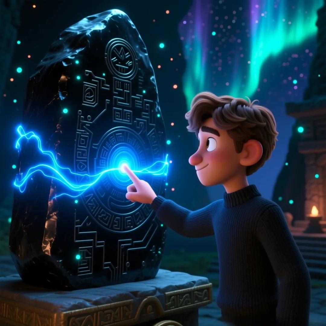 Personaje activando un patrón de energía en un monolito, simbolizando una función 'void' que tiene un efecto pero no devuelve valor