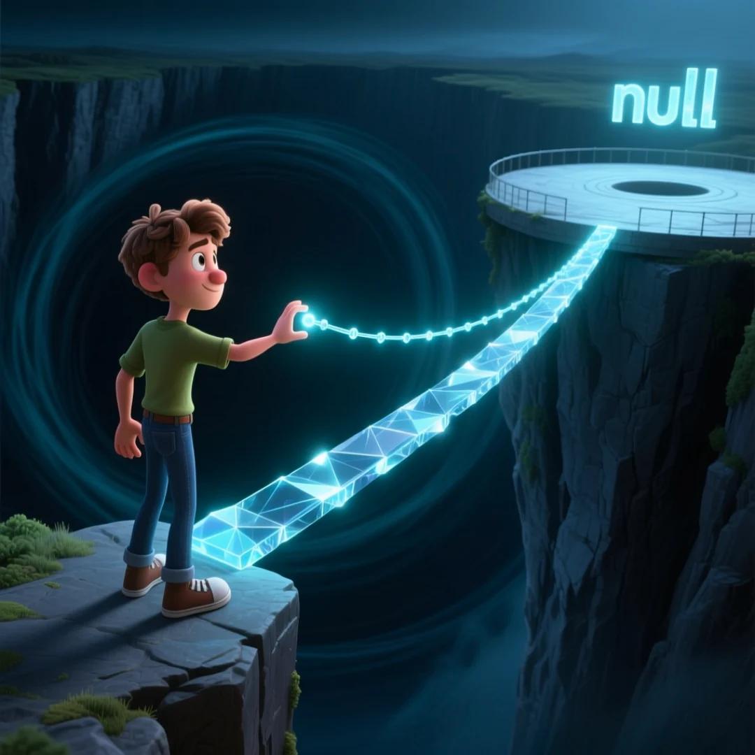 Personaje enfrentándose a un abismo de 'undefined' y construyendo un puente de 'null' para cruzarlo