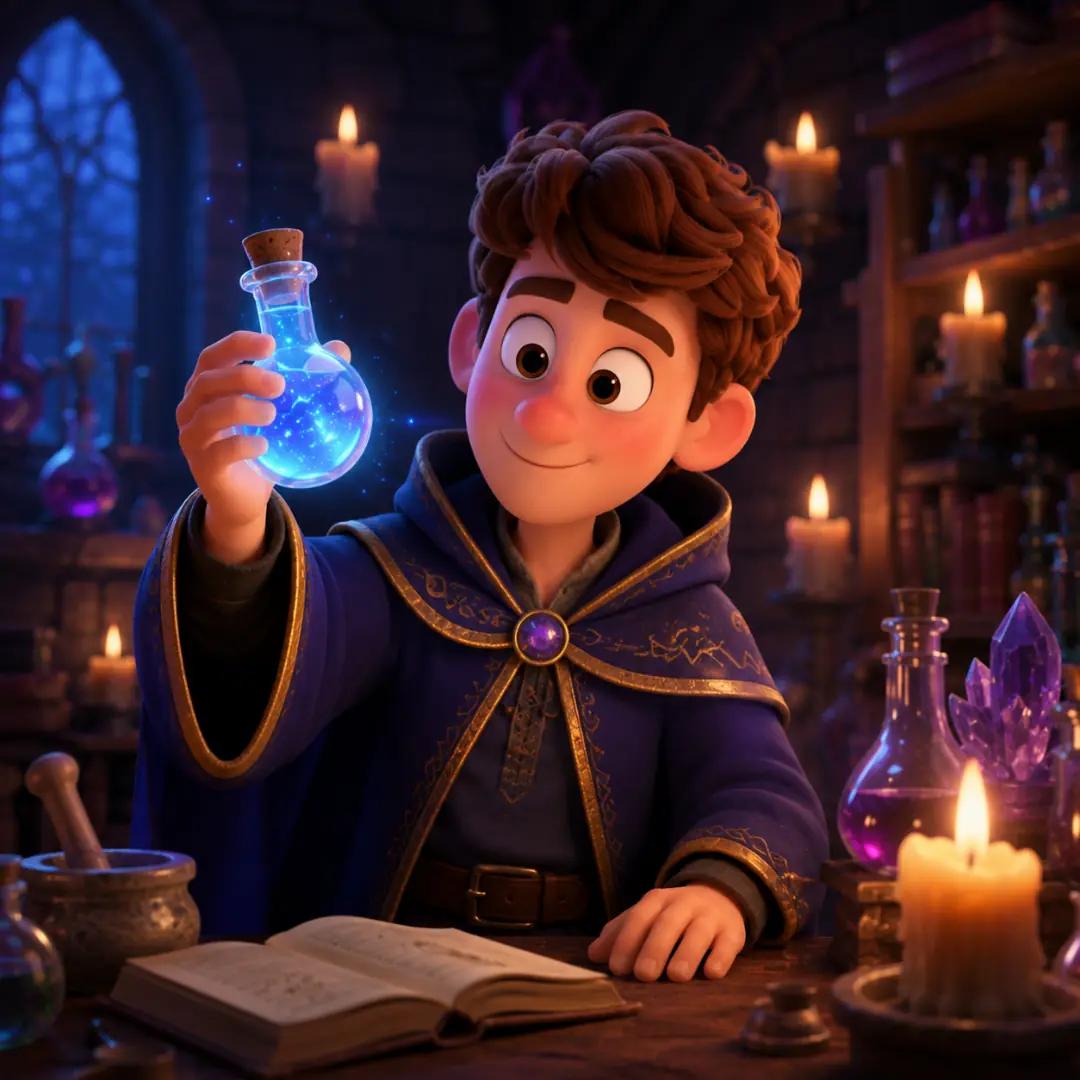 El personaje sosteniendo con orgullo una nueva poción brillante, manteniendo la versión original a salvo en el fondo. Simboliza el resultado seguro de aplicar inmutabilidad en los datos