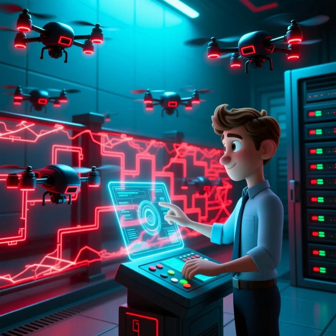 El personaje configurando un escudo de seguridad holográfico que bloquea a los drones robóticos