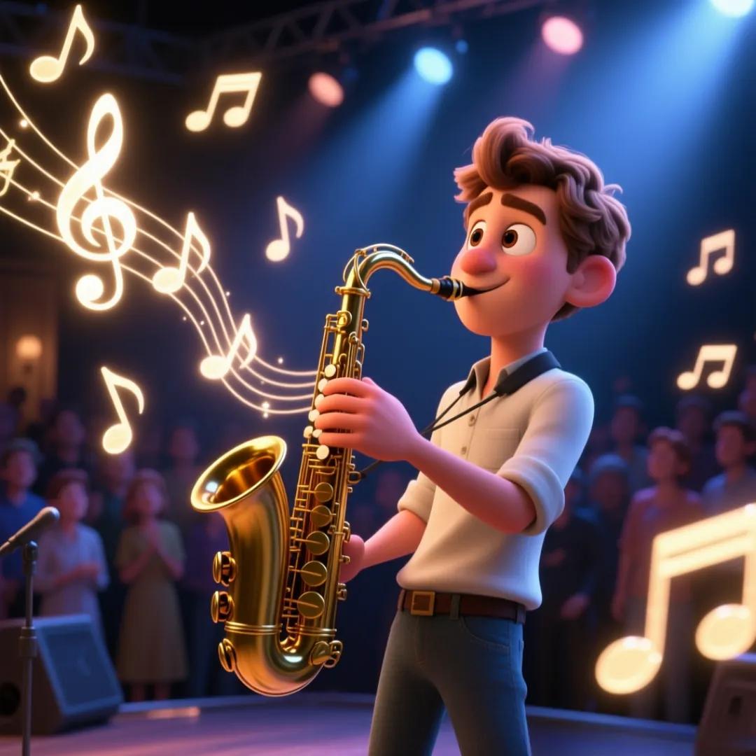 Un personaje toca un saxofón en un escenario