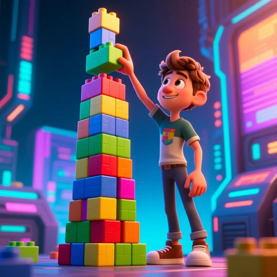 El personaje colocando cuidadosamente un bloque en la cima de una torre de datos