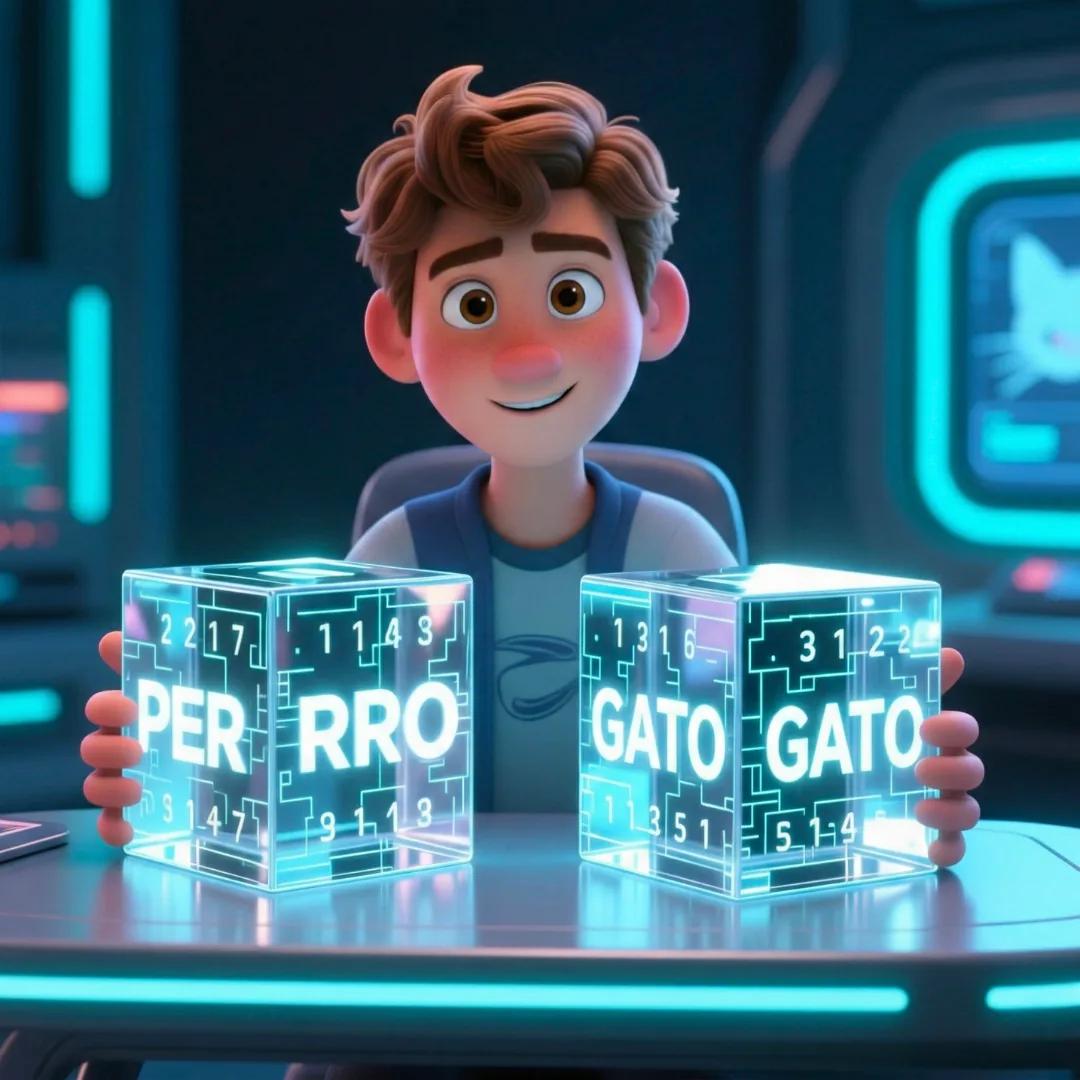 Personaje comparando los "embeddings" de las palabras "Perro" y "Gato", mostrando su similitud numérica.