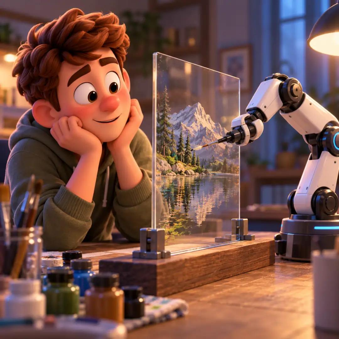 El personaje observando fascinado a un brazo robótico pintar un paisaje sobre un cristal transparente, simbolizando a la Inteligencia Artificial procesando imágenes