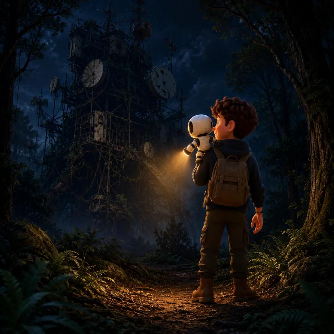 El personaje y su pequeño robot ignorando una vieja y gigante estructura de cables en el bosque, contrastando la eficiencia local frente a la dependencia de la nube